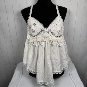 White Cotton Flowy Tank Top Jeweled Crochet Cups Beachy Boho Coastal Coquette L